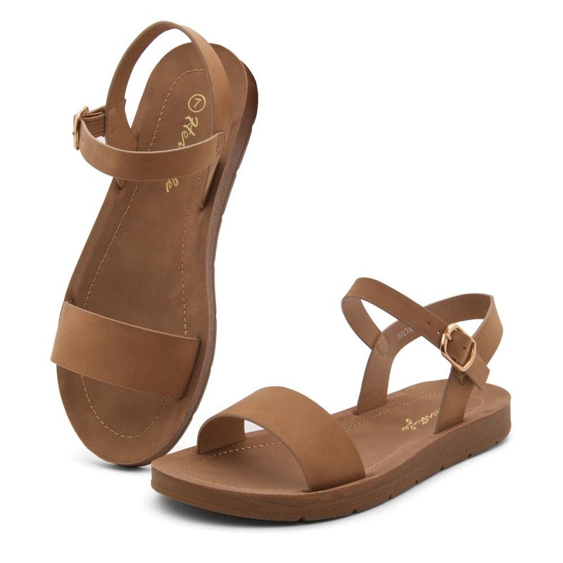 Herstyle Flat Sandals for Women â€“ Open Toe One Band Ankle Strap Summer Dressy Sandals, Lightweight Casual Strappy Slip-On Flats with Adjustable Buckle, Tan, Size 6.5, Monday - Image 3